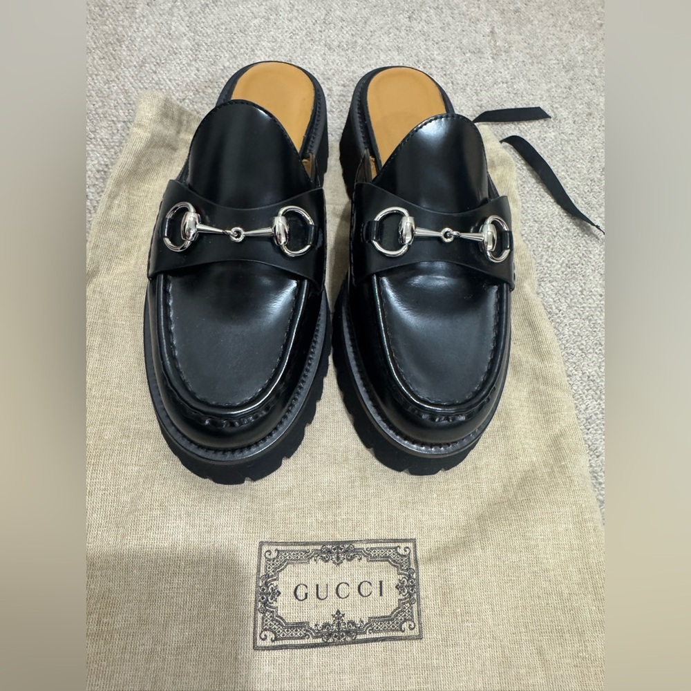 Gucci Black Leather Slip-On Loafers with Silver Accents
